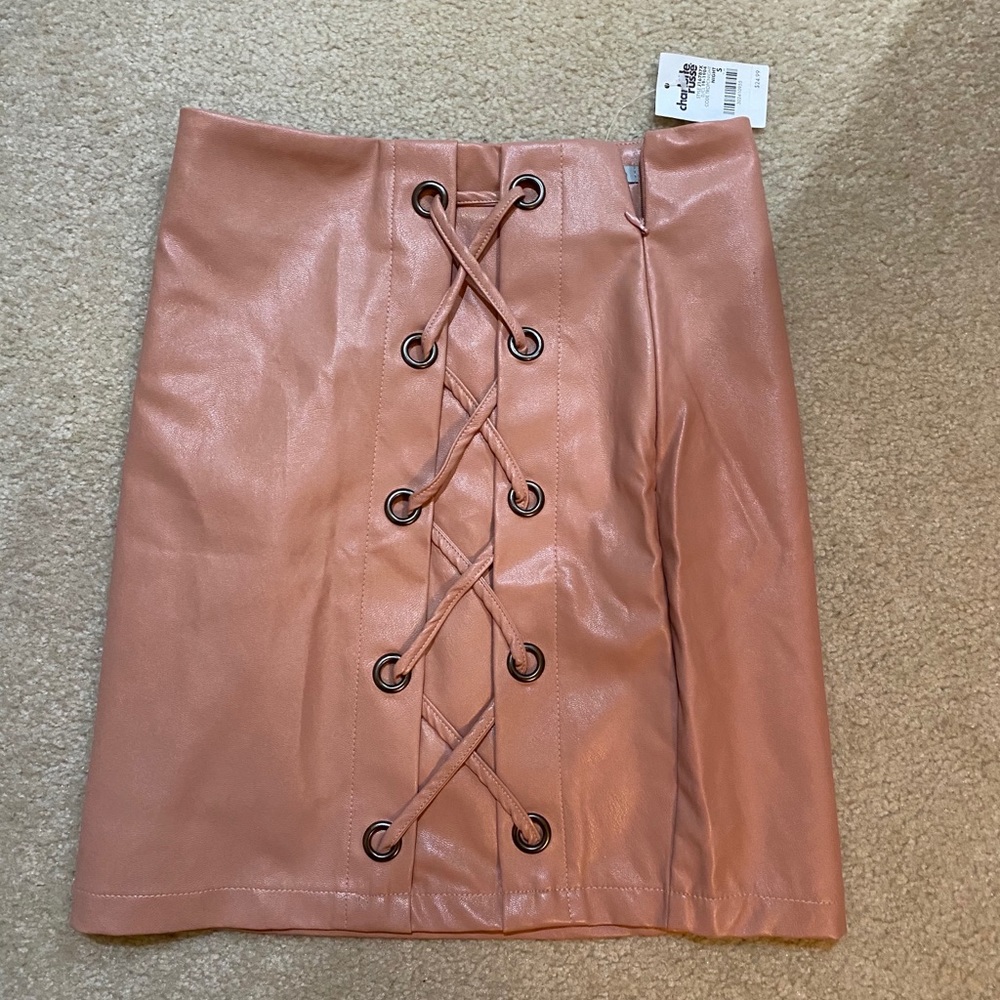 Pink leather skirt!